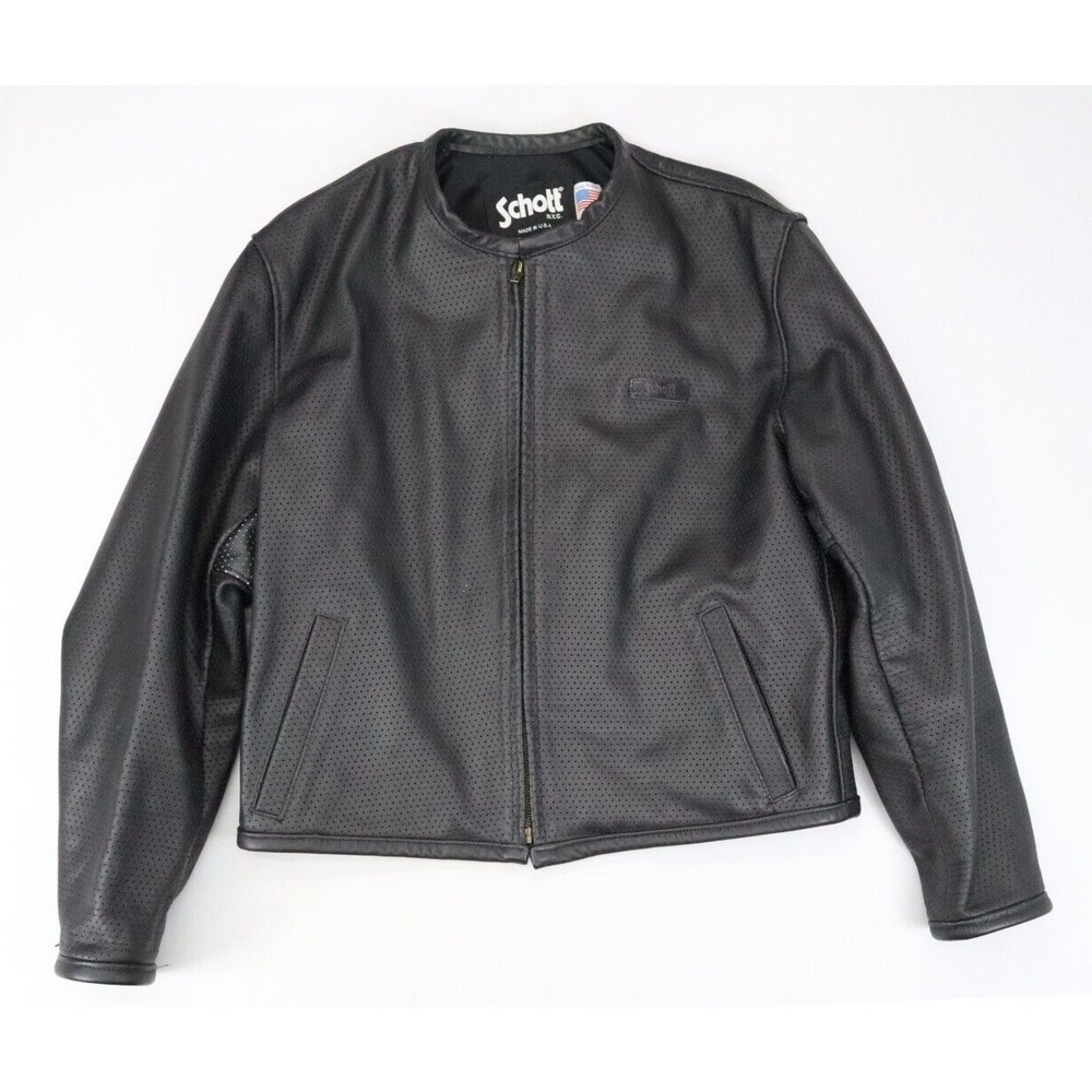 Schott NYC Size L Men's Black Moto Leather Jacket Perforated‎ Biker Motorcycle
